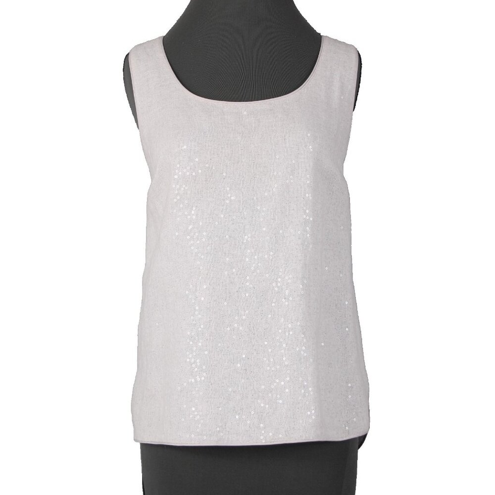 Lafayette 148 Top Sz M Cream Gray Beige Sequin Shimmery Linen Polyester Top